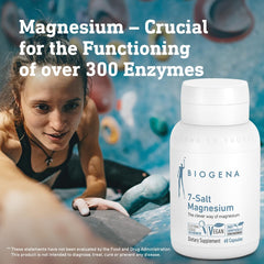 BIOGENA 7-Salt Magnesium bottle close-up conveys high-absorption promise through diverse forms.