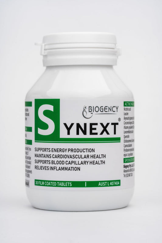 Biogency Synext NAD+ tablet bottle on front for daily energy support