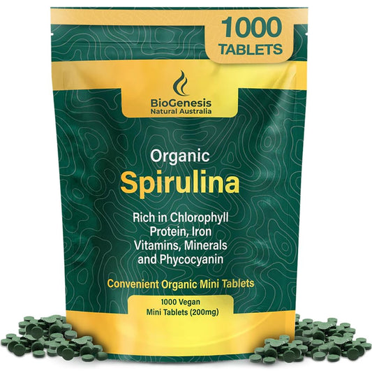 Biogenesis Spirulina mini tablets in a bottle for daily energy support.