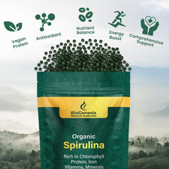 Biogenesis Spirulina mini tablets in hand for easy on-the-go nutrition.