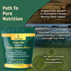 Biogenesis SuperGreens Plus wheatgrass close-up emphasizes natural energy blend.