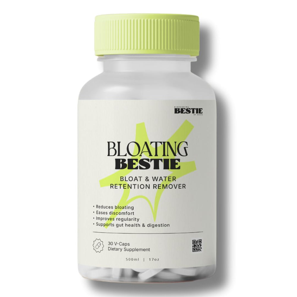 Biohacking Bestie Bloating Bestie bottle close-up illustrating gentle digestive support.
