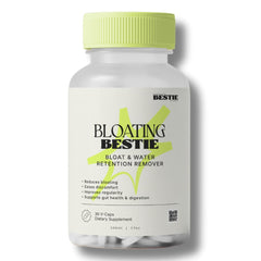 Biohacking Bestie Bloating Bestie bottle close-up illustrating gentle digestive support.