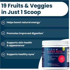 BIOHM Super Reds 19 red fruits and vegetables provide natural color and nutrients.