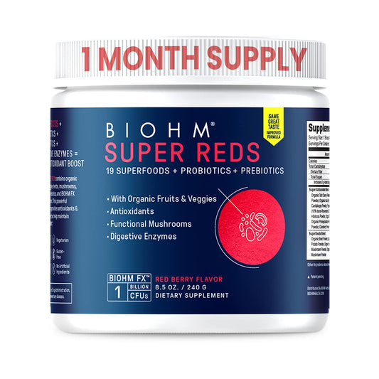 BIOHM Super Reds beet root powder ready to blend into a smoothie for antioxidants.