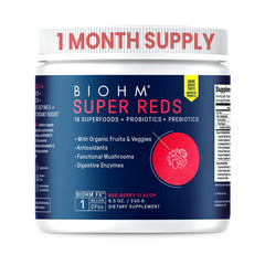 BIOHM Super Reds beet root powder ready to blend into a smoothie for antioxidants.