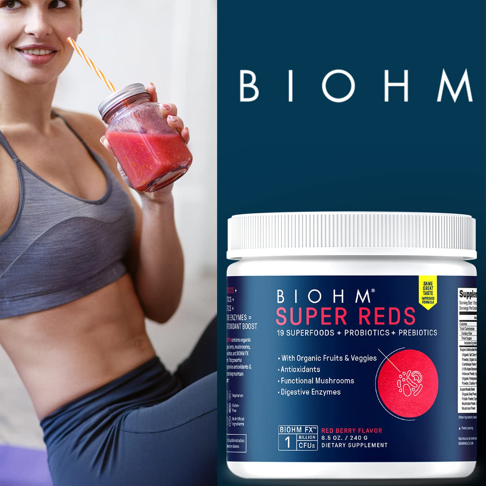 BIOHM Super Reds red berry flavor adds tasty nutrition to daily routines.