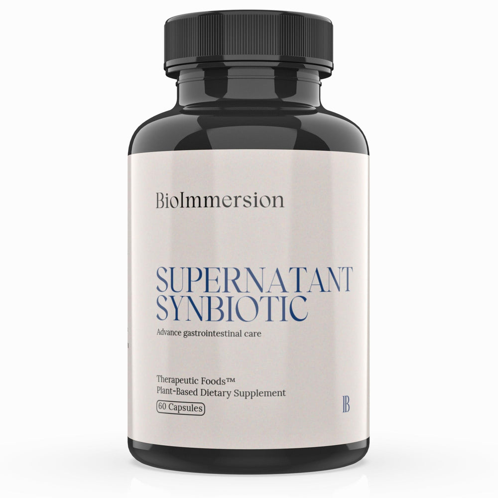 BioImmersion Supernatant Synbiotic bottle offering daily digestive balance.