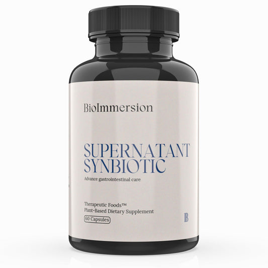BioImmersion Supernatant Synbiotic bottle offering daily digestive balance.