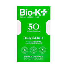 Bio-K Plus Dailycare capsules closeup emphasizing vegan, gluten-free formula