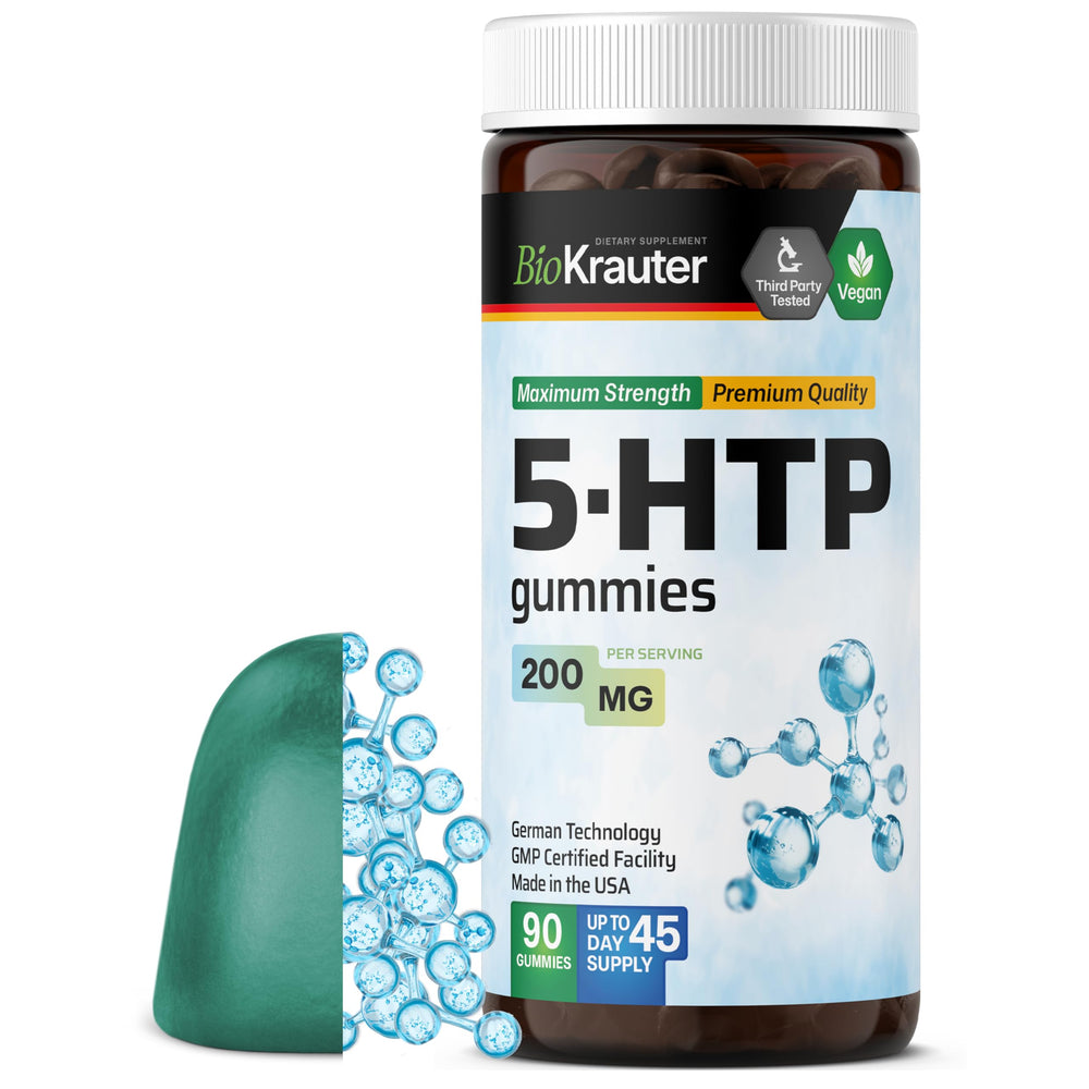 BIO KRAUTER 5-HTP gummies blueberry flavor packaging highlights natural relaxation benefits.
