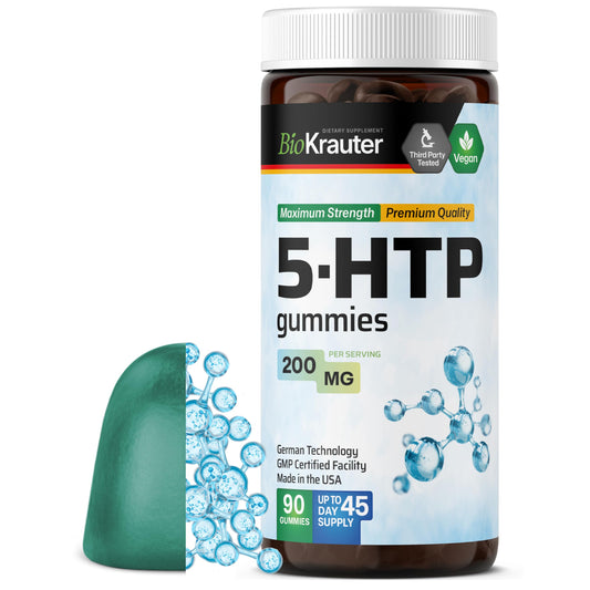 BIO KRAUTER 5-HTP gummies blueberry flavor packaging highlights natural relaxation benefits.