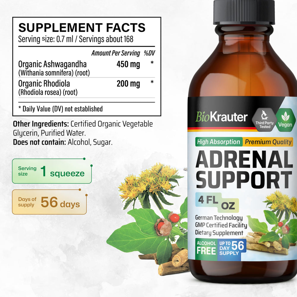 BioKrauter Adrenal Support label highlights ingredients and vegan formulation for informed choices.