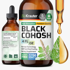 BIO KRAUTER Black Cohosh bottle label highlights vegan menopause support for daily well-being.