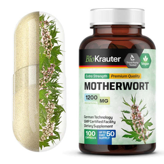 BIO KRAUTER bottle front shows vegan motherwort capsules for calm.