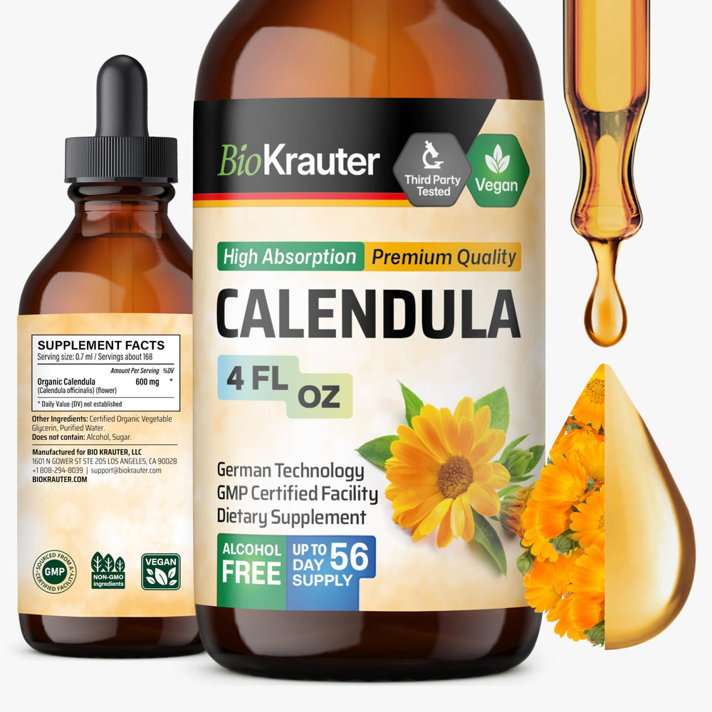 BIO KRAUTER Calendula extract bottle shows premium tincture for immune support and vegan use.