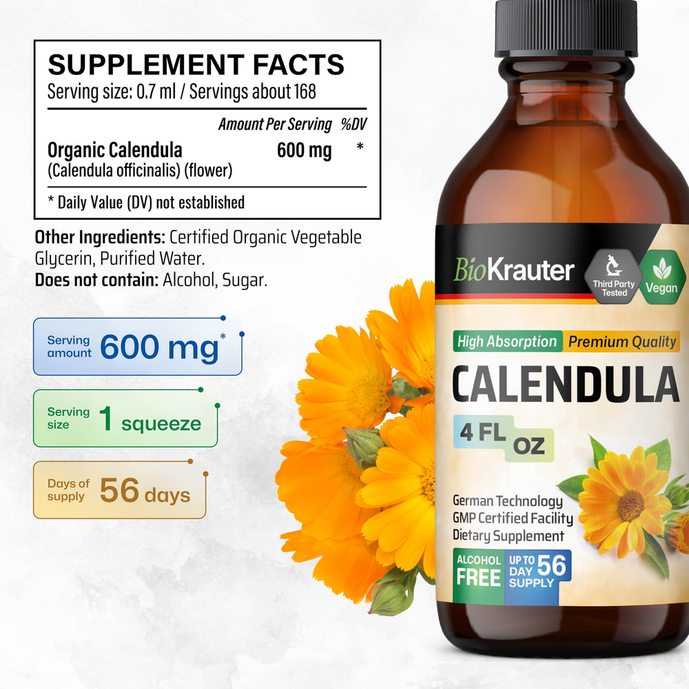BIO KRAUTER calendula liquid under-tongue drops for quick, convenient intake.