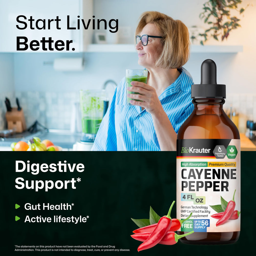 BIO KRAUTER Cayenne Drops ingredients panel shows water, glycerin, cayenne pepper.