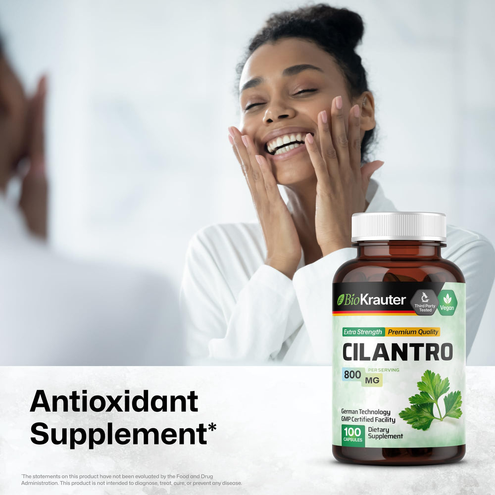 BIO KRAUTER Cilantro capsules bottle side shows portable daily detox option