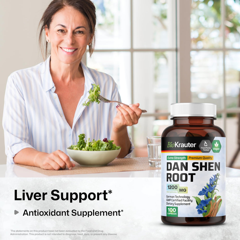 BIO KRAUTER Dan Shen capsules close-up highlights vegan, GMO-free formulation.