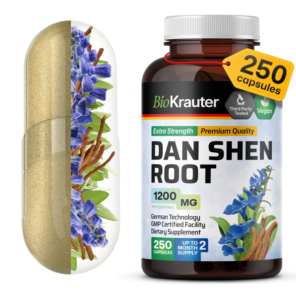 BIO KRAUTER Dan Shen root capsules bottle front showing vegan antioxidant support