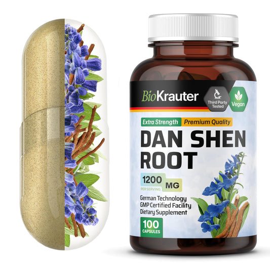 BIO KRAUTER Dan Shen root capsules bottle demonstrates antioxidant support for daily wellness.