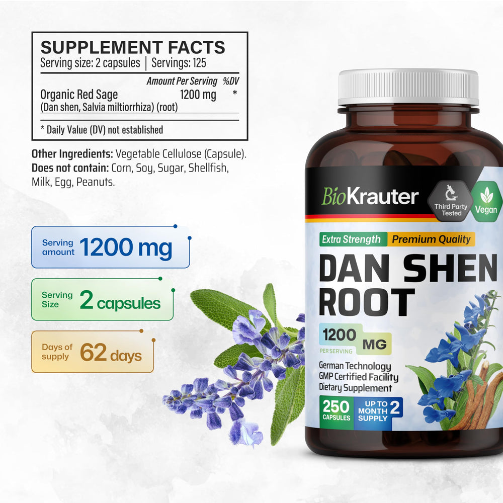 Label on BIO KRAUTER Dan Shen root capsules showing vegan, non-GMO promise