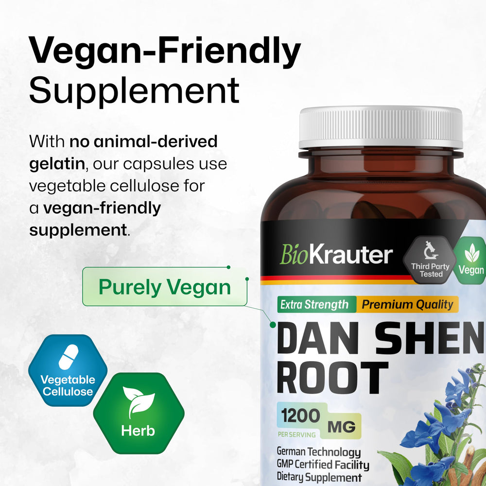 Vegan symbol on BIO KRAUTER Dan Shen root capsules packaging