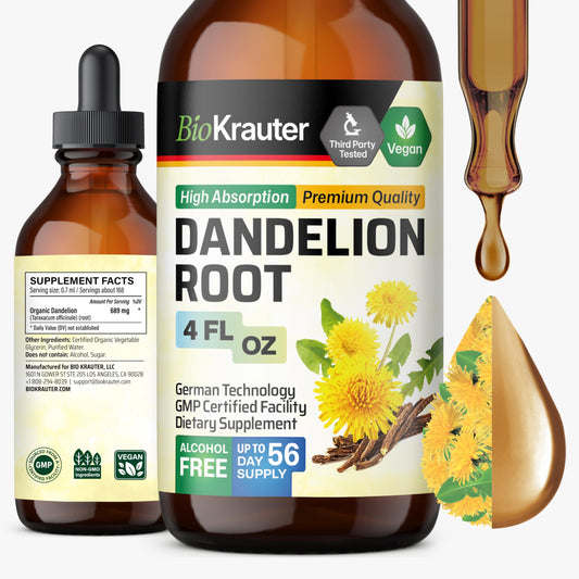 BIO KRAUTER Dandelion Root Extract bottle on kitchen counter for easy liver support.