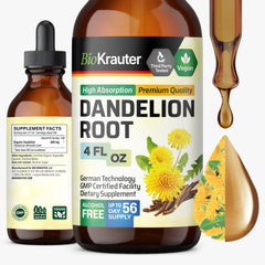 BIO KRAUTER Dandelion Root Extract bottle on kitchen counter for easy liver support.