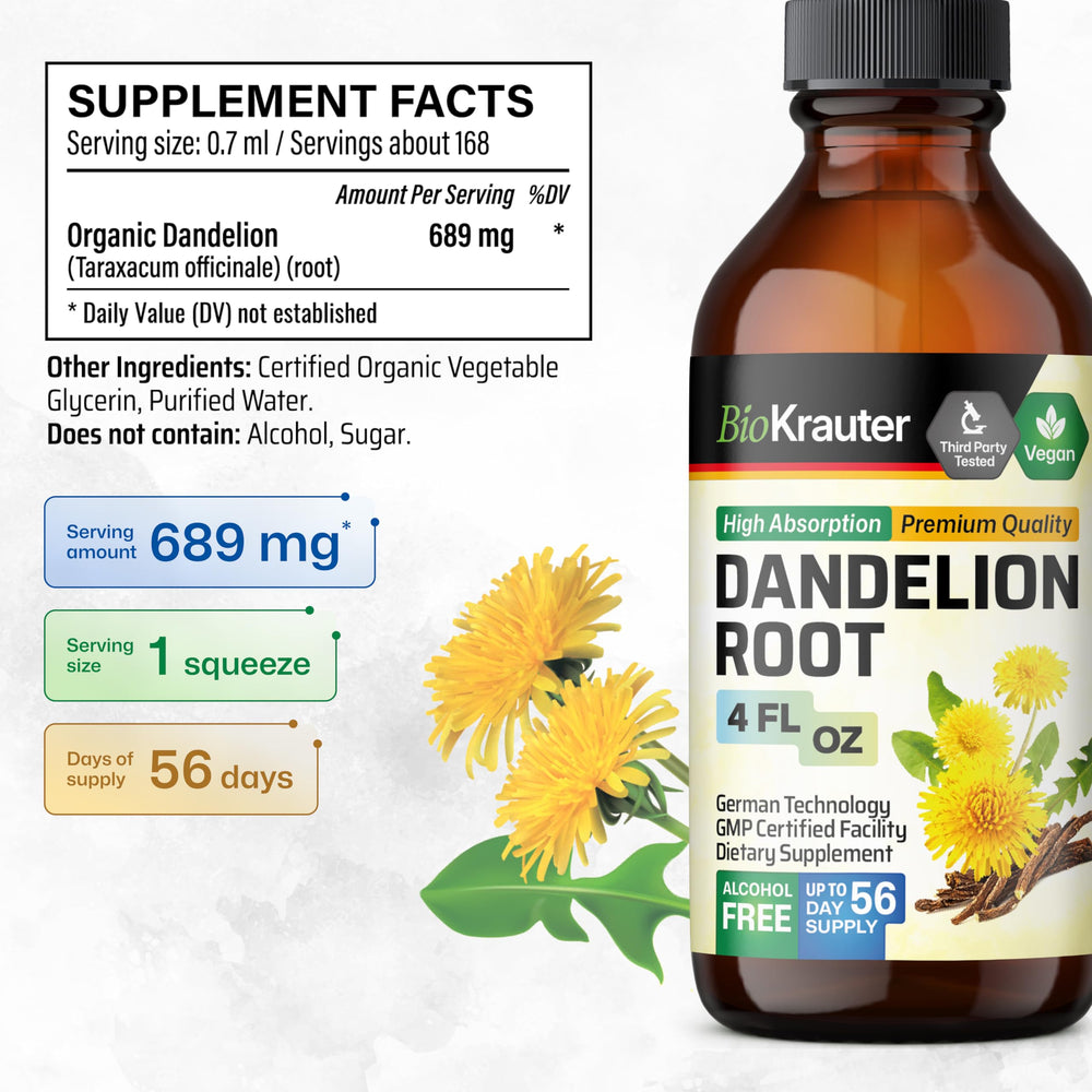 BIO KRAUTER Dandelion Root Extract dropper close-up shows glycerin base for smooth taste.