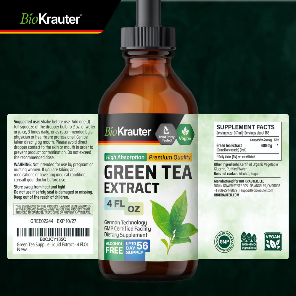 BIO KRAUTER Green Tea Extract liquid bottle and glass ready for serving