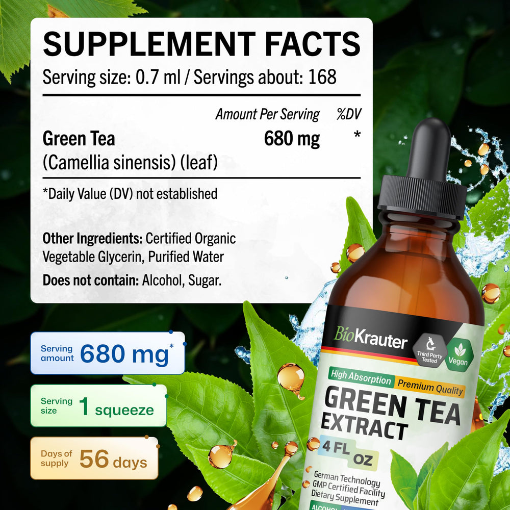 BIO KRAUTER Green Tea Extract liquid closeup showing smooth glycerin-based flavor.