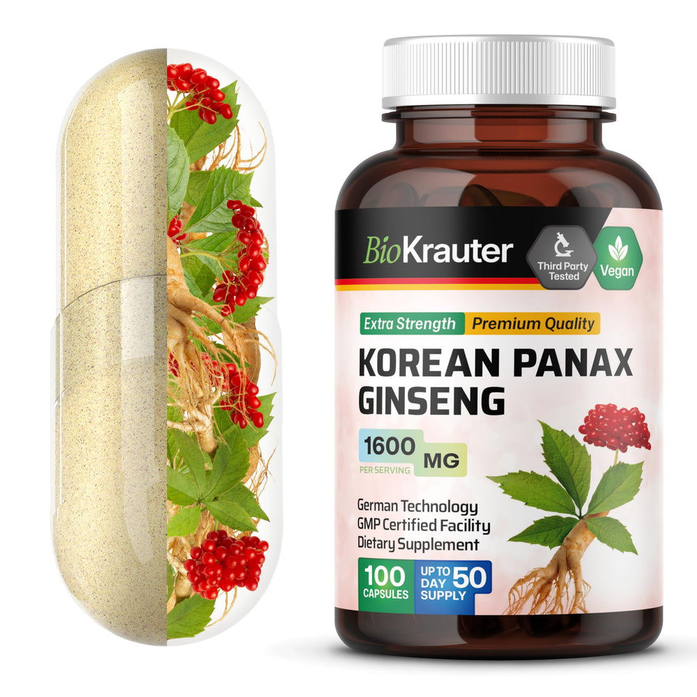 BIO KRAUTER Korean Red Ginseng Capsules bottle front for immune support and vegan formula.
