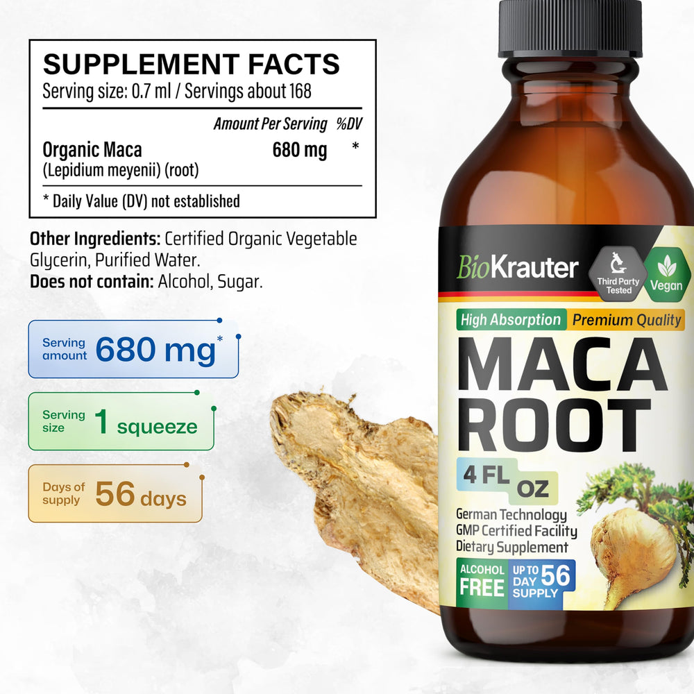 Maca Root Tincture label close-up with ingredients and tech.