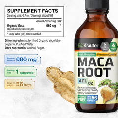 Maca Root Tincture label close-up with ingredients and tech.