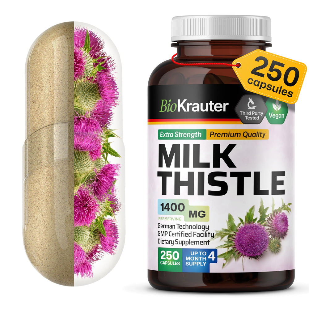 BIO KRAUTER Milk Thistle capsules bottle front, vegan formula may support liver care.