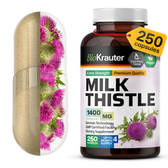BIO KRAUTER Milk Thistle capsules bottle front, vegan formula may support liver care.