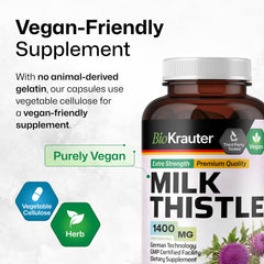 BIO KRAUTER milk thistle capsules close-up shows plant-based silymarin capsules.