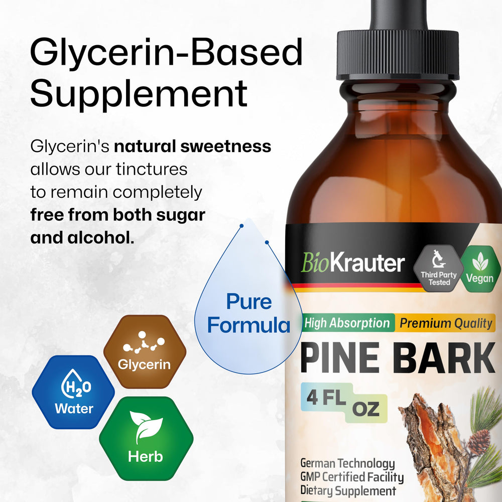 Biokrauter Pine Bark Extract Drops vegan and non-GMO formula on packaging.