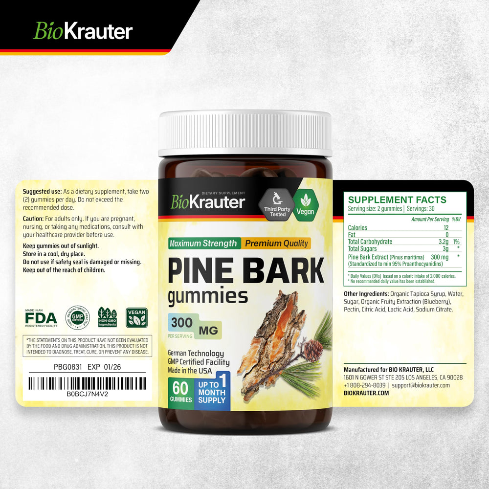 BIO KRAUTER Pine Bark Gummies nutrition label close up highlights 300 mg per chew.