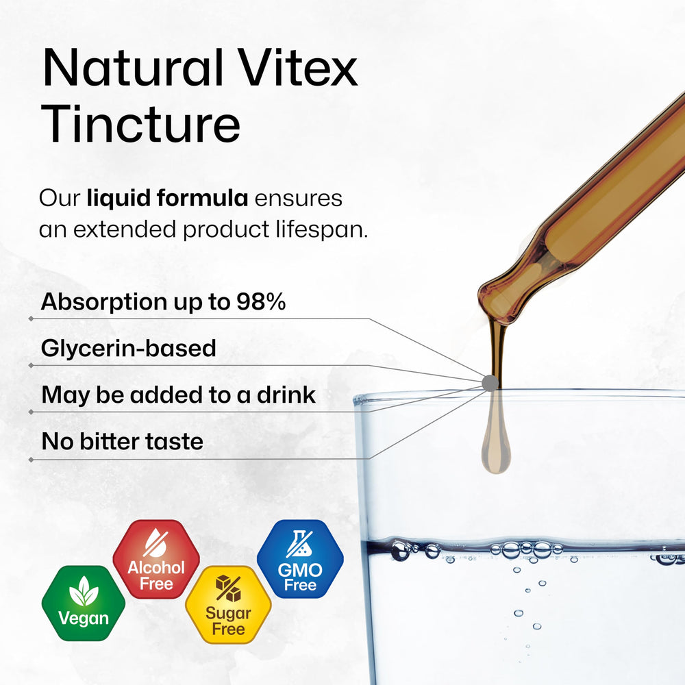 BIO KRAUTER Vitex label and bottle beside a glass of water for easy dosing.