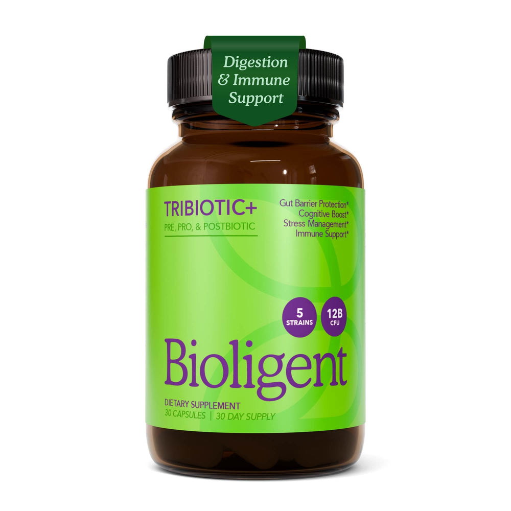 Bioligent Tribiotic+ bottle with capsules promotes convenient daily gut support.