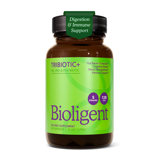 Bioligent Tribiotic+ bottle with capsules promotes convenient daily gut support.