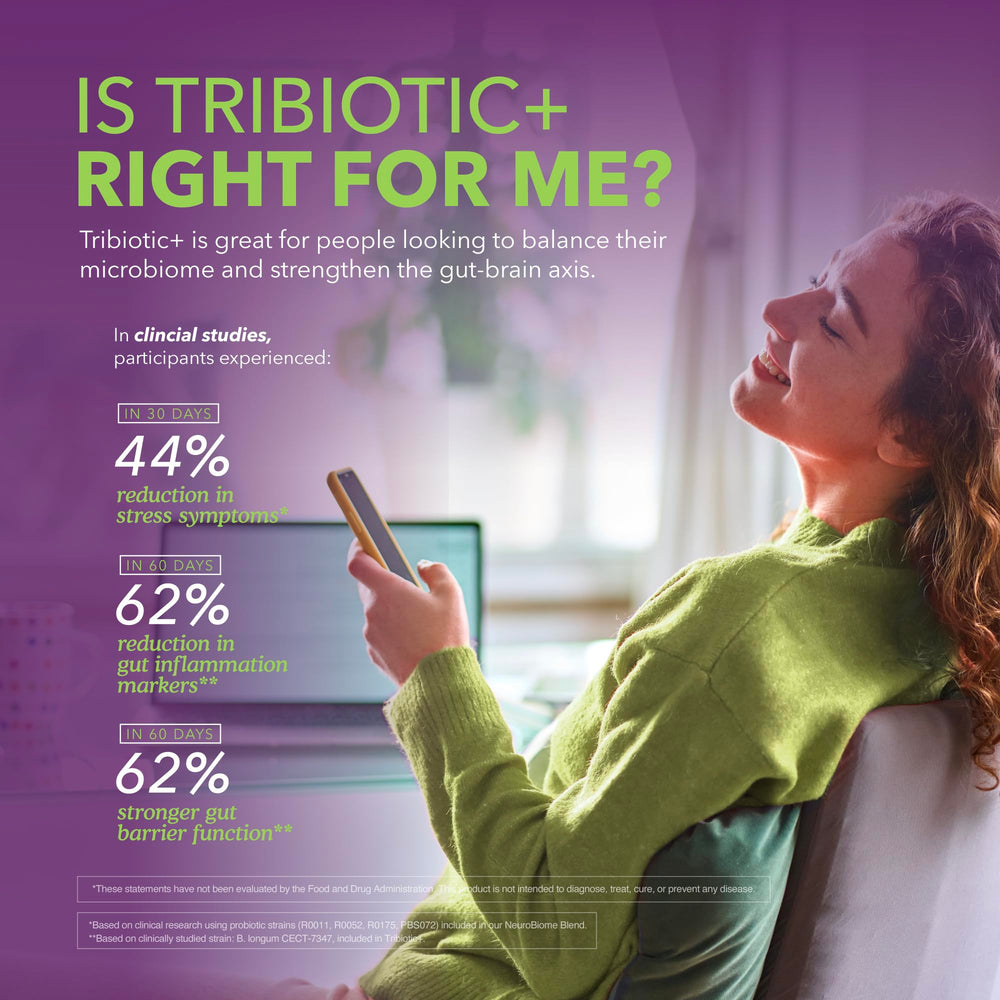 Bioligent Tribiotic+ daily-use setup shown beside a meal.