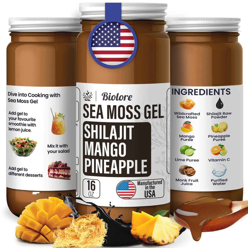 Biolore mango-pineapple sea moss gel in a tropical flavor profile.
