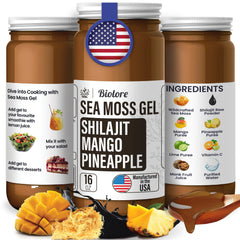 Biolore mango-pineapple sea moss gel in a tropical flavor profile.
