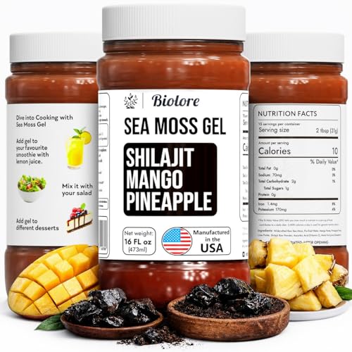 Biolore wildcrafted sea moss gel with shilajit mango-pineapple, natural energy support.