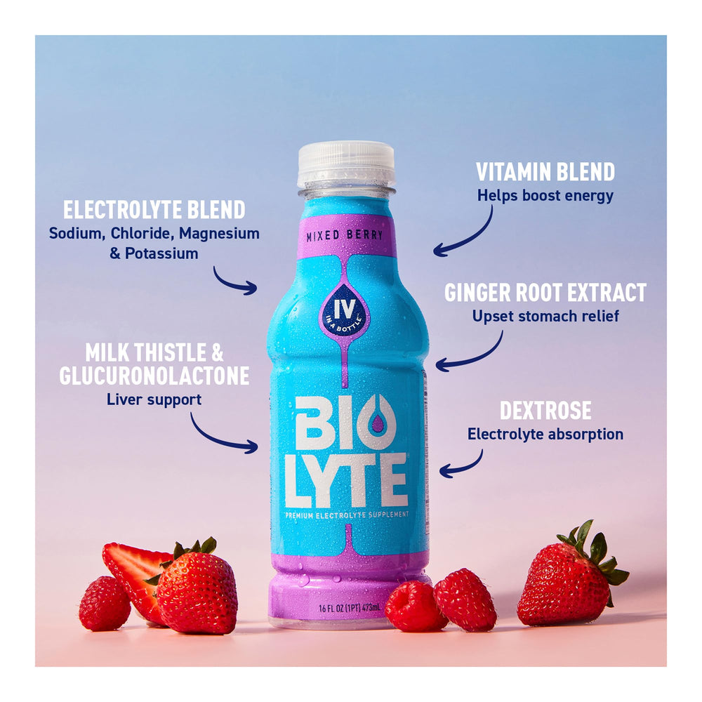 BIOLYTE 16 oz bottle beside glass and fruit conveying flavor and refreshment