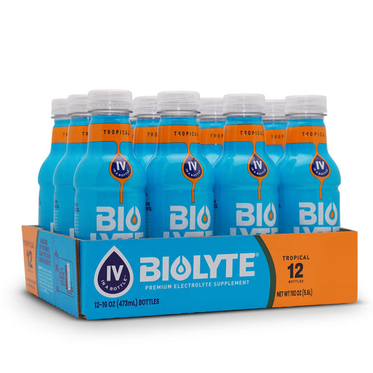 BIOLYTE electrolyte drink tropical bottle on shelf for hydration on the go